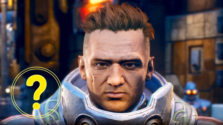 A close-up of a character in The Outer Worlds wearing futuristic armor, with a stern expression and a scar across his face, standing in a brightly lit sci-fi environment