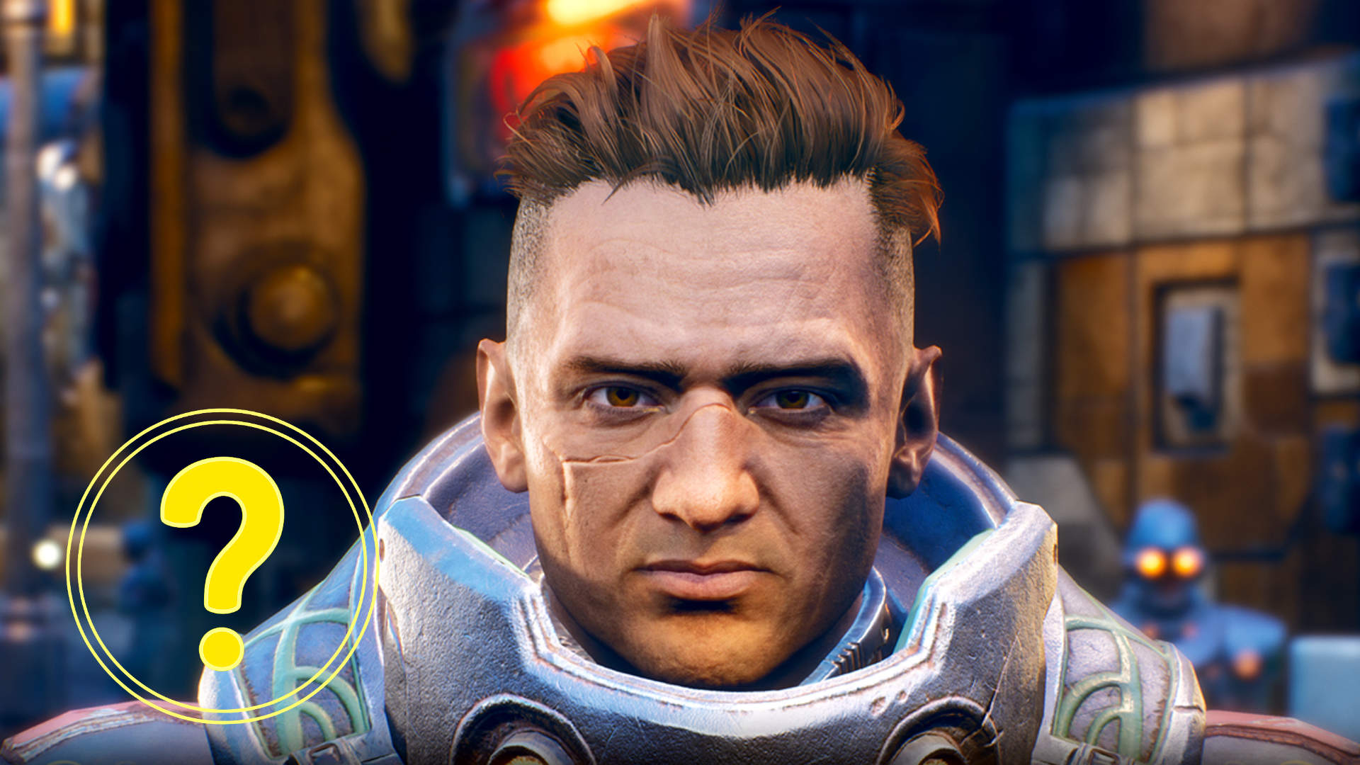 A close-up of a character in The Outer Worlds wearing futuristic armor, with a stern expression and a scar across his face, standing in a brightly lit sci-fi environment