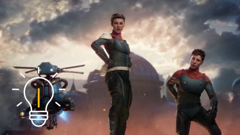 Three characters — two humans in futuristic space suits and a hovering robot — strike a heroic pose against a sci-fi backdrop of domed buildings and a dramatically lit sky in a scene from The Outer Worlds 2.