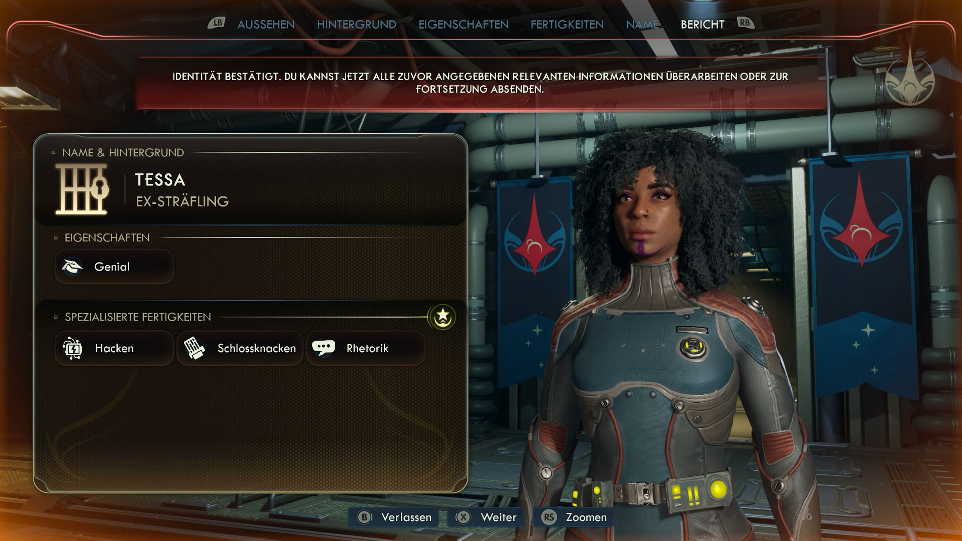 Alt-Text: Charaktererstellungsbildschirm aus The Outer Worlds 2 zeigt die Figur Tessa, eine Ex-Sträfling mit der Eigenschaft „Genial“ und den spezialisierten Fähigkeiten Hacken, Schlossknacken und Rhetorik, vor futuristischer Kulisse im Hintergrund.
