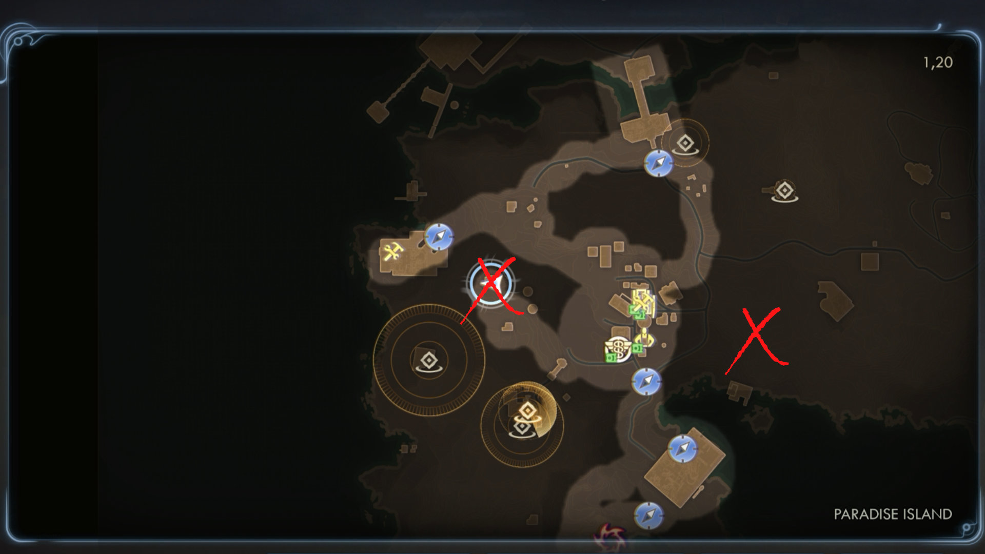 Map section from The Outer Worlds 2 showing the Paradise Island area. Several mission icons and two red Xs highlight key locations or collectible objectives.