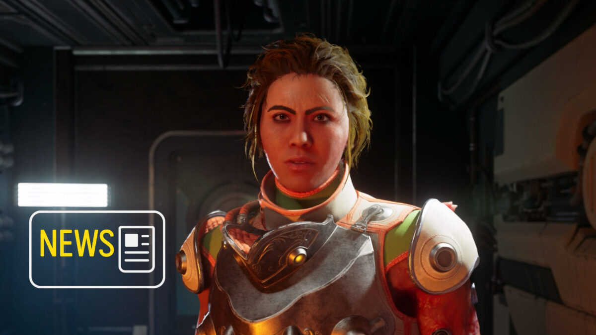 A woman in futuristic armor stands in a dimly lit room aboard a spaceship, looking directly into the camera – scene from The Outer Worlds 2.