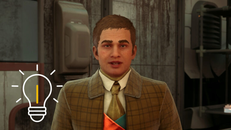 Ein männlicher Charakter in Anzug und Krawatte steht in einer futuristischen, leicht heruntergekommenen Umgebung in The Outer Worlds 2. Links im Bild ist eine stilisierte Glühbirne als Symbol für eine Idee eingeblendet.