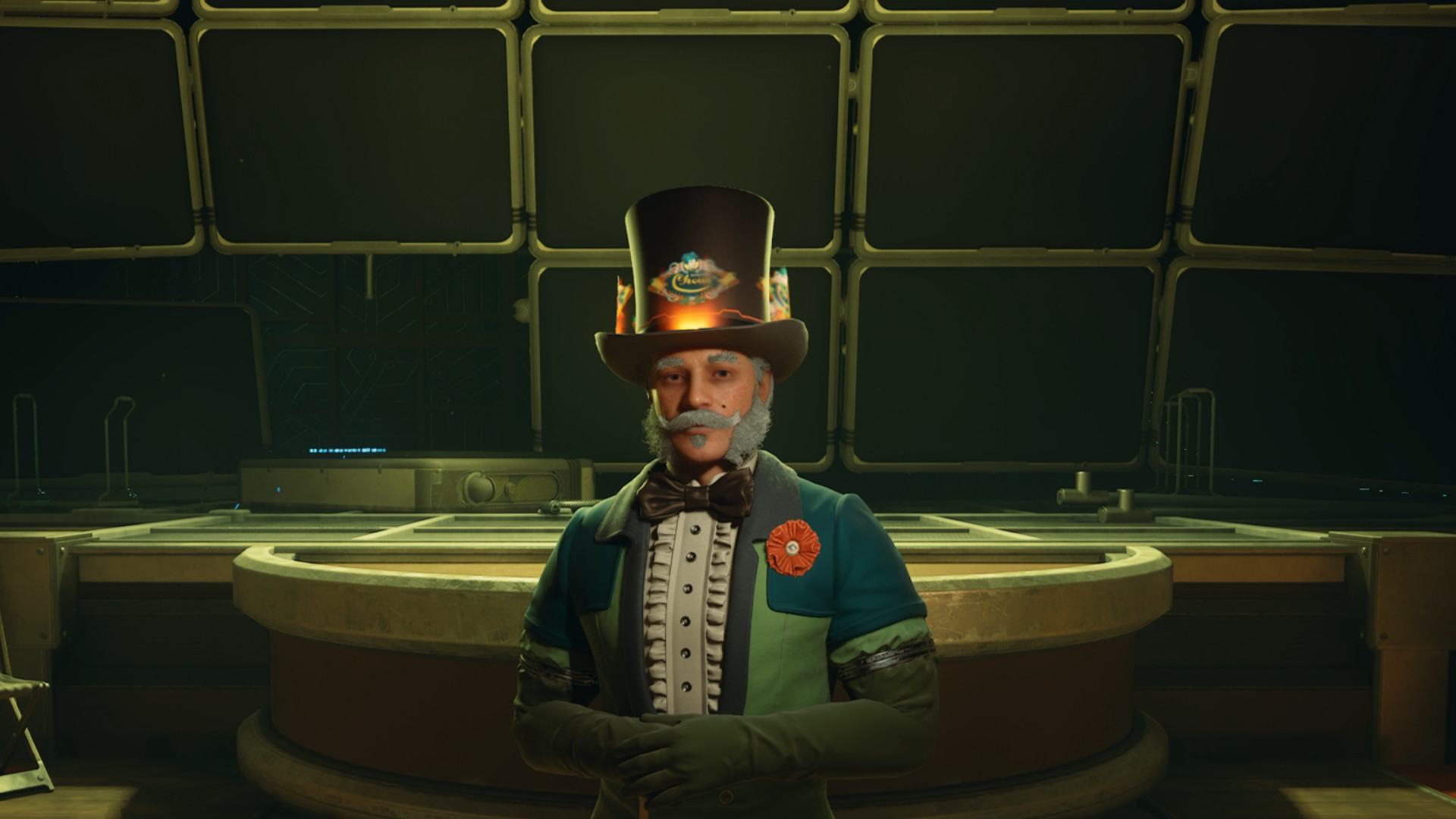An older man with gray sideburns and a top hat stands behind a counter in a futuristic room, wearing a green suit with a ruffled shirt and a red flower on his lapel.
