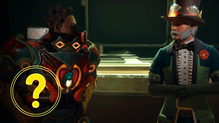 Two figures face each other in a futuristic setting – on the left, a person in brightly colored, ornate armor; on the right, an older man in a green suit with a top hat and a red flower on his lapel.