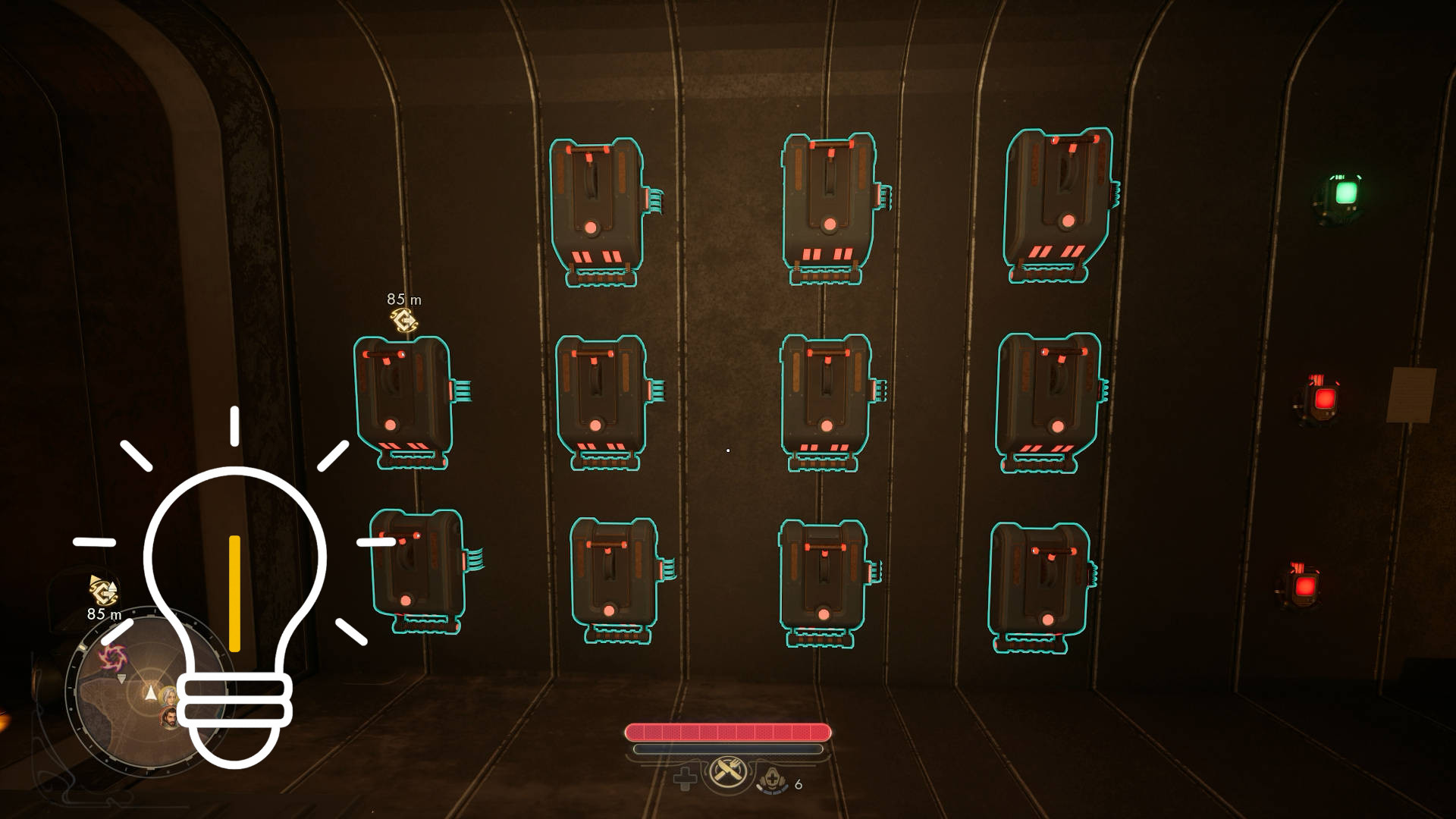 A wall filled with electronic modules that form part of a puzzle or security system – gameplay scene from The Outer Worlds 2.