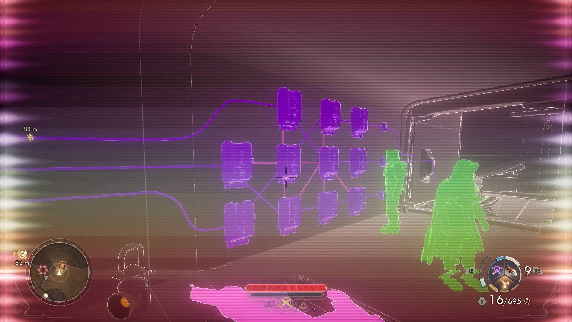 Player uses a scanner to activate a complex wiring panel on the wall while two enemies appear as green silhouettes – gameplay scene from The Outer Worlds 2.