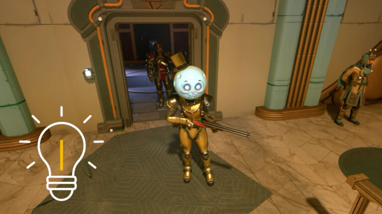 Spielszene aus The Outer Worlds 2: Eine Figur in goldener Rüstung mit einem großen, runden Helm, der an ein Cartoon-Gesicht erinnert, steht in einem futuristischen Raum und hält eine Schrotflinte. Im Hintergrund sind weitere Charaktere und metallische Wände zu sehen.