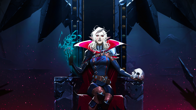 Ein weiblicher Vampir aus dem Spiel V Rising sitzt auf einem Thron. V Rising Veröffentlichung Full Release