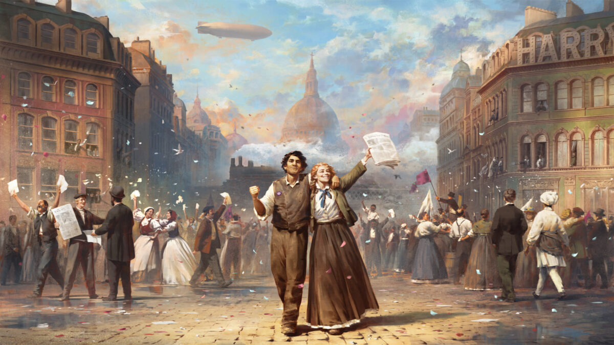 Ein Gemälde zeigt, wie ein junges Paar jubelnd durch eine Menge schreitet. Die Frau hält eine Zeitung in die Luft, am Horizont ist eine Zeppelin zu sehen.
