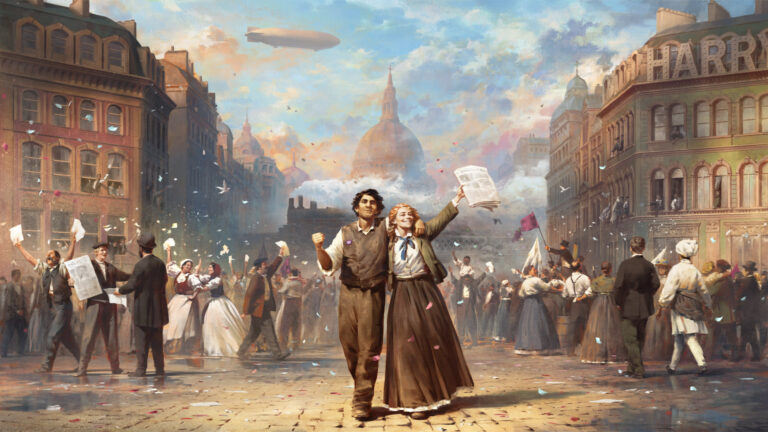 Ein Gemälde zeigt, wie ein junges Paar jubelnd durch eine Menge schreitet. Die Frau hält eine Zeitung in die Luft, am Horizont ist eine Zeppelin zu sehen.