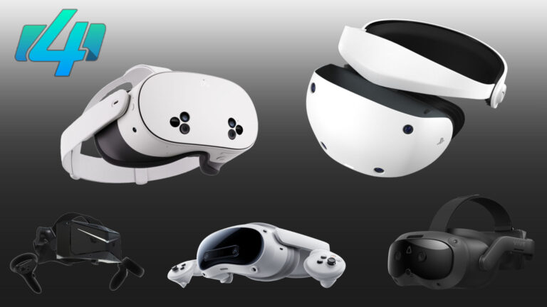 Die VR-Brillen PSVR2, Quest 3S, Pico 4 Ultra und Pimax Crystal Light auf weißem Hintergrund.