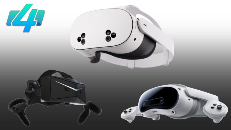 Die VR-Brillen Quest 3S, Pico 4 Ultra und Pimax Crystal Light auf weißem Hintergrund.