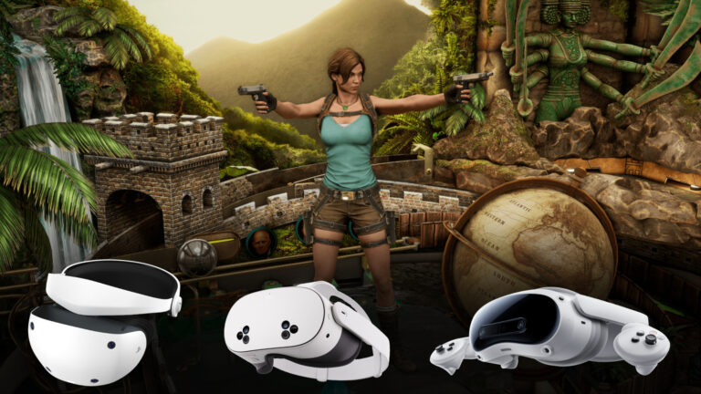 Lara Croft steht mit ausgebreiteten Armen und zwei Pistolen in den Händen vor einem Dschungelhintergrund. Im Vordergrund: Drei weiße VR-Brillen.