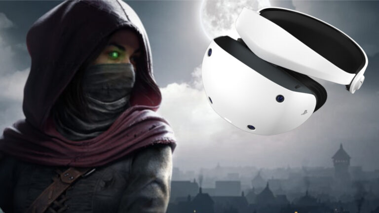 Eine maskierte Diebin mit Kaputze und grün leuchtendem Auge starrt auf eine Playstation VR 2.