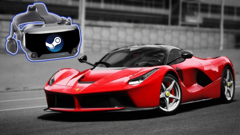 Roter Ferrari-Supersportwagen auf Rennstrecke mit Steam-VR-Headset – Symbolbild für VR-Rennspiele und Racing-Games auf Steam 2025