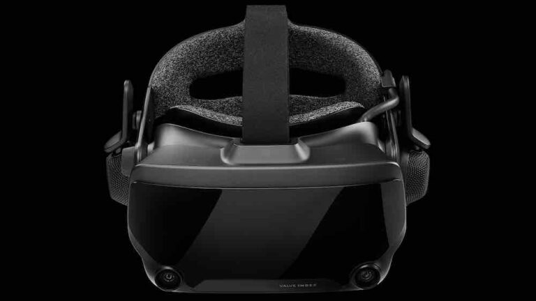 Die VR-Brille Valve Index auf schwarzem Hintergrund.