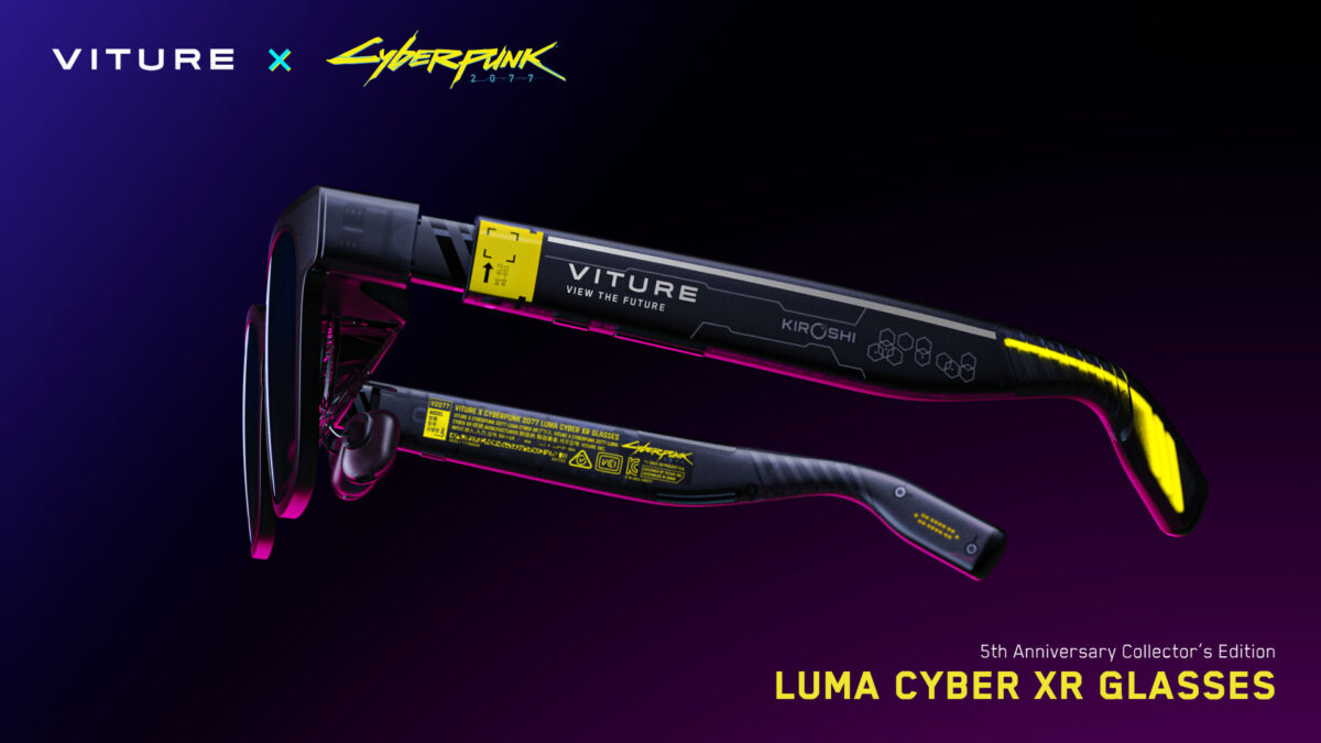 Viture Luma Cyber XR Glasses in der Cyberpunk-2077-Edition – Seitenansicht mit futurischem Rahmen, Tech-Details und Neon-Akzenten
