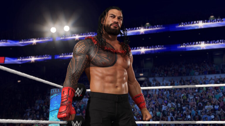 Roman Reigns, ein muskulöser Mann mit schwarzen langen Haaren und Vollbart, steht in einem Wrestling-Ring von WWE 2K25.