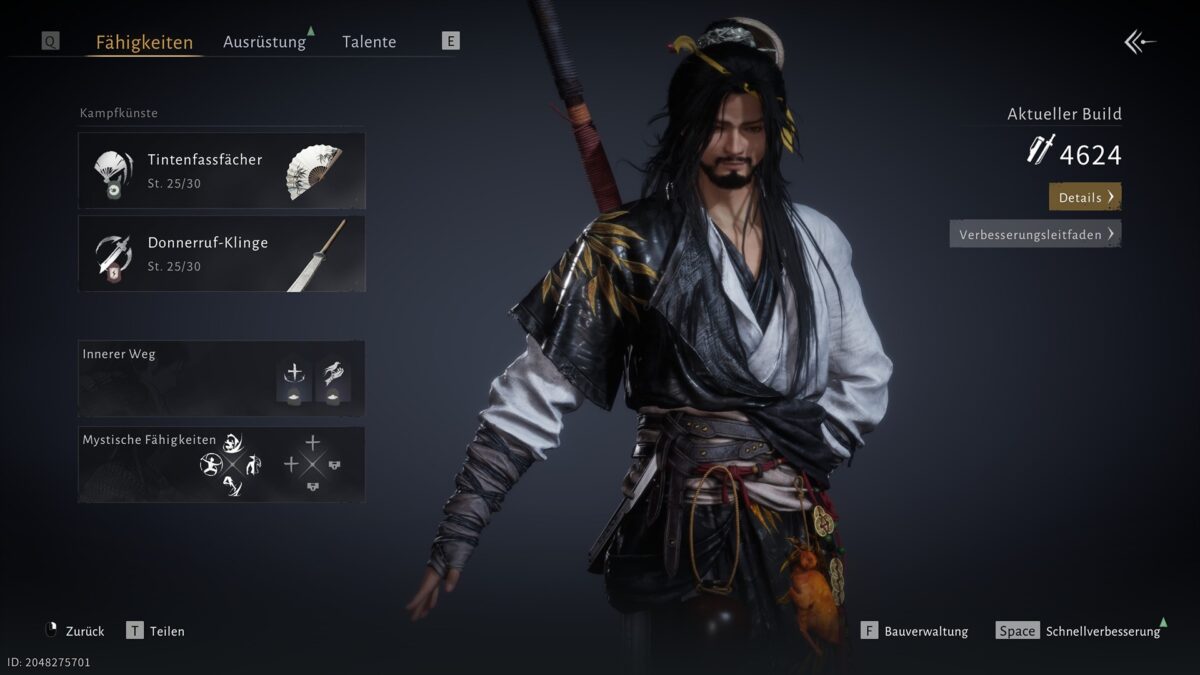 Spielmenü mit einem langhaarigen, schwarz-weiß gekleideten Kriegercharakter, der seitlich steht; links sind Fähigkeiten wie Tintenfassfächer und Donnerruf-Klinge samt Stufen angezeigt, rechts Build-Wert 4624 und Menübuttons.
