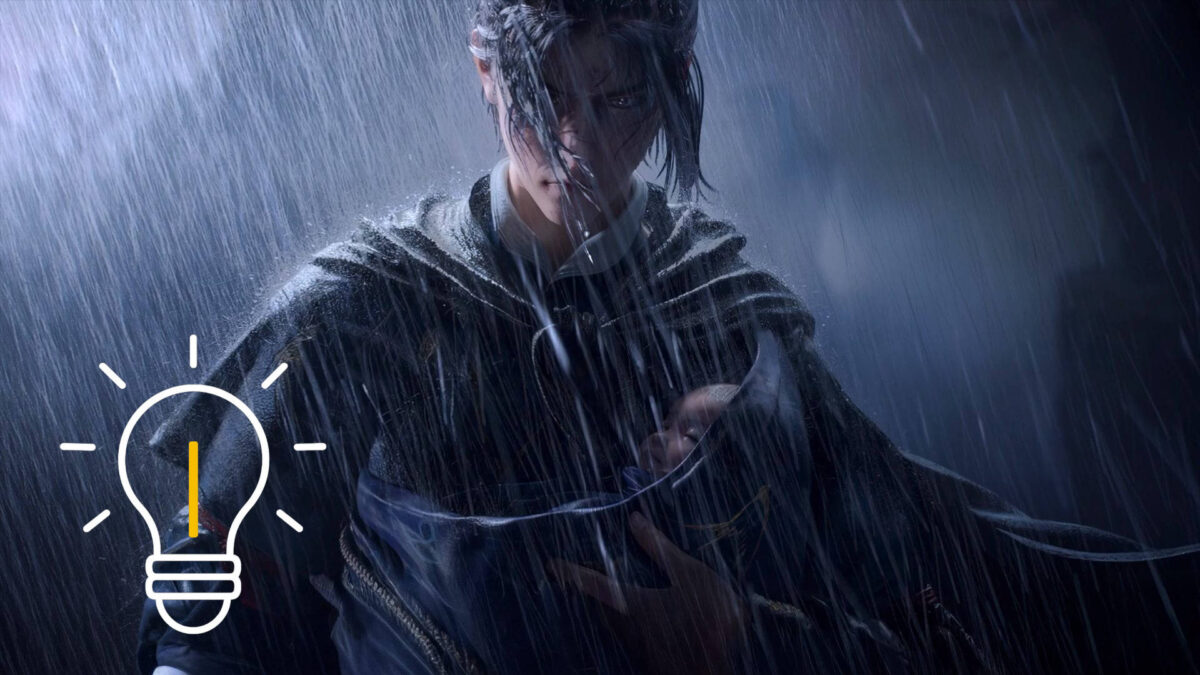 Junger, ernster Fantasy-Charakter steht im strömenden Regen und hält ein eingewickeltes Baby schützend im Arm; dunkle, dramatische Beleuchtung, links unten eine eingeblendete Glühbirnen-Illustration.