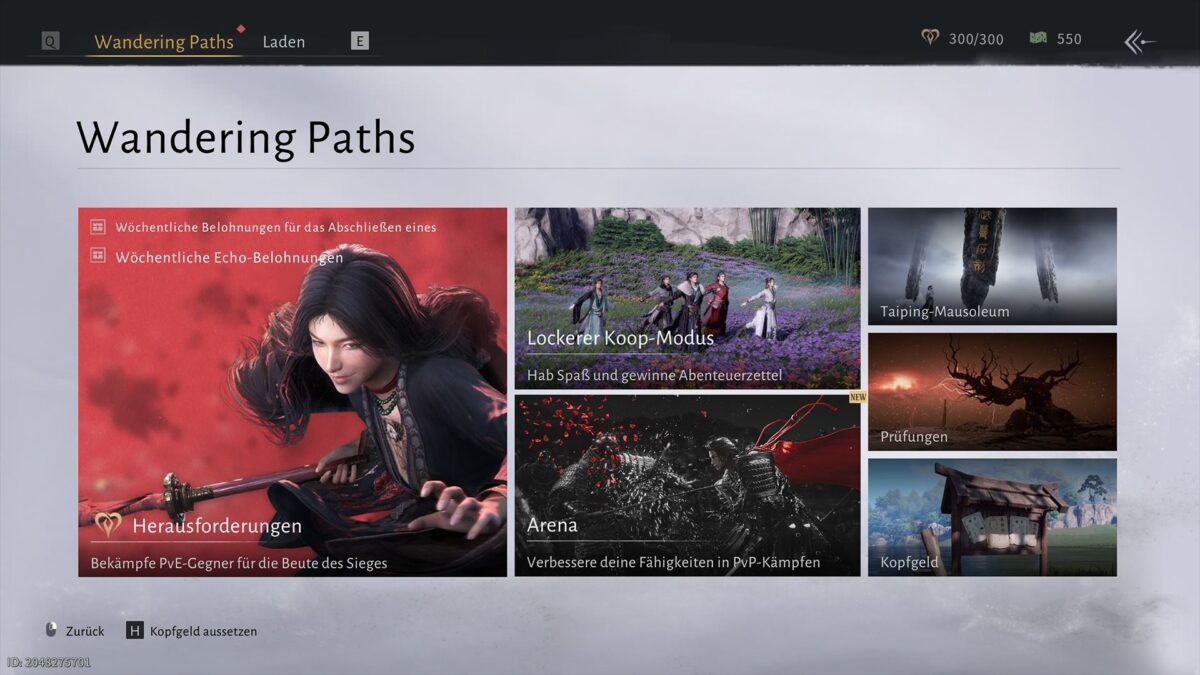 Spielmenü „Wandering Paths“ mit mehreren Kacheln: links eine rote Karte mit einer schwarzhaarigen Spielfigur für „Herausforderungen“, daneben Szenen aus Koop-Modus, Arena, Taiping-Mausoleum, Prüfungen und Kopfgeld. UI-Elemente und Ressourcenanzeigen sind oben sichtbar.