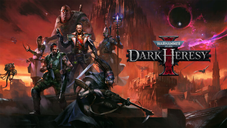 Ein Key-Art-Bild von Warhammer 40K: Dark Heresy zeigt verschiedene Charaktere vor einer dystopischen Sci-Fi-Welt.