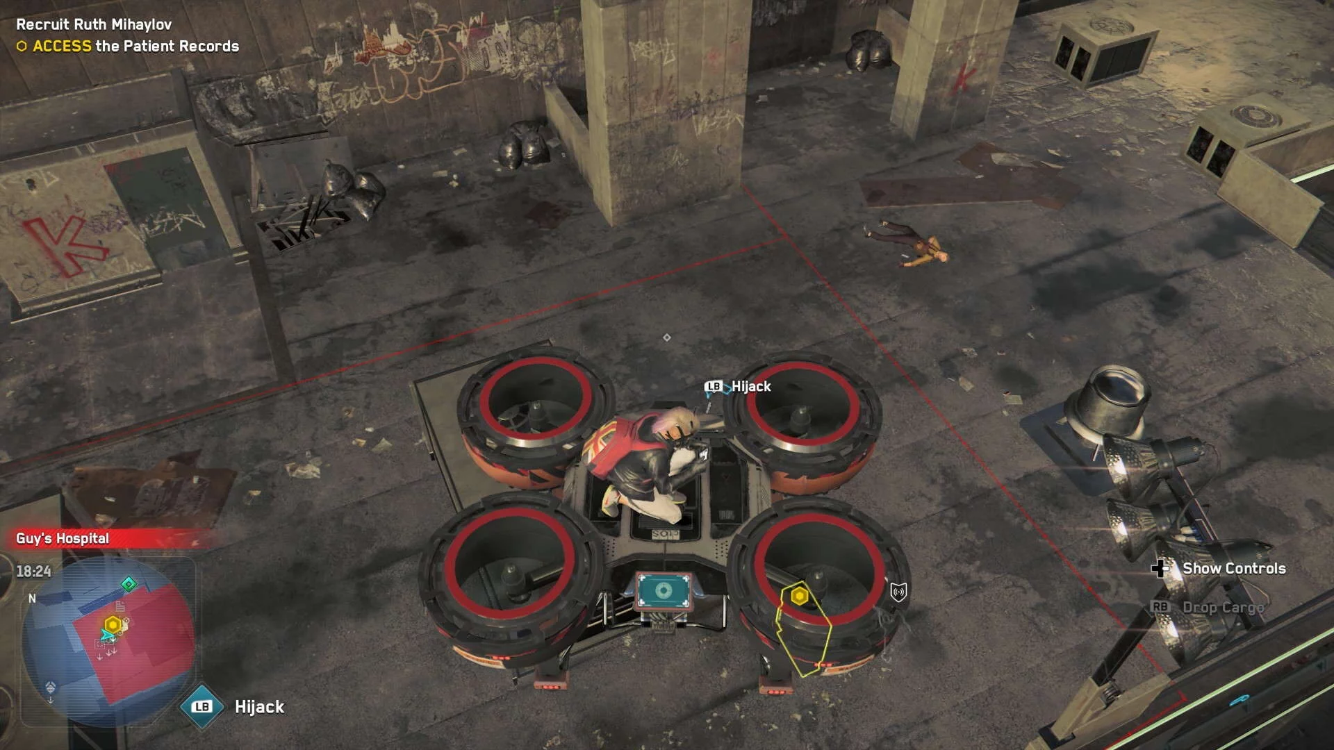  Watch Dogs Legion Operative examines switch circuit on a flying drone from above
