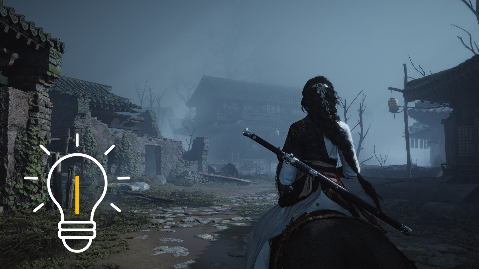 A woman holding a sword sits atop a horse.