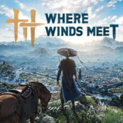 Cover von Where Winds Meet mit einem wandernden Schwertkämpfer und Pferd, die über eine weit ausgedehnte Gebirgs- und Tallandschaft blicken.