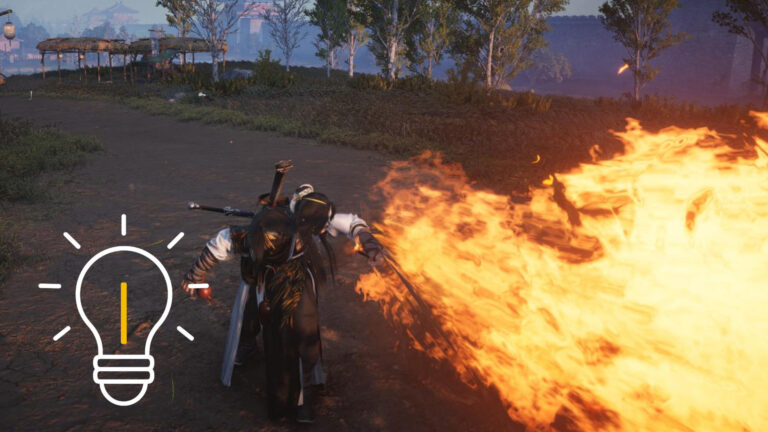 Spielszene aus Where Winds Meet: Eine Figur in dunkler Kampfkleidung speit einen breiten Feuerstrahl nach vorn über einen Feldweg. Im Hintergrund stehen Bäume und einfache Holzstände. Links im Bild ist eine große, stilisierte Glühbirnen-Grafik als Hinweis-Icon eingeblendet.