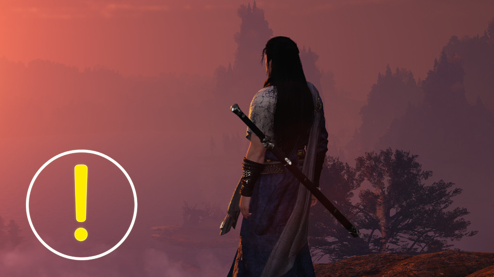 A woman with a sword on her back stands on a cliff and gazes into the distance.