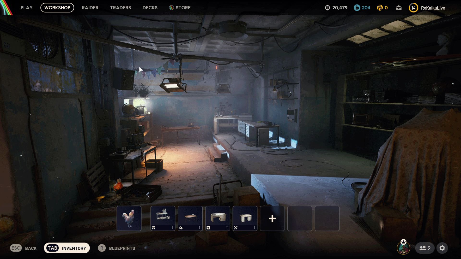 A moodily lit workshop filled with workbenches, tools, and computer desks in an abandoned-looking room; through the menu, players can select various blueprints – gameplay scene from ARC Raiders.
