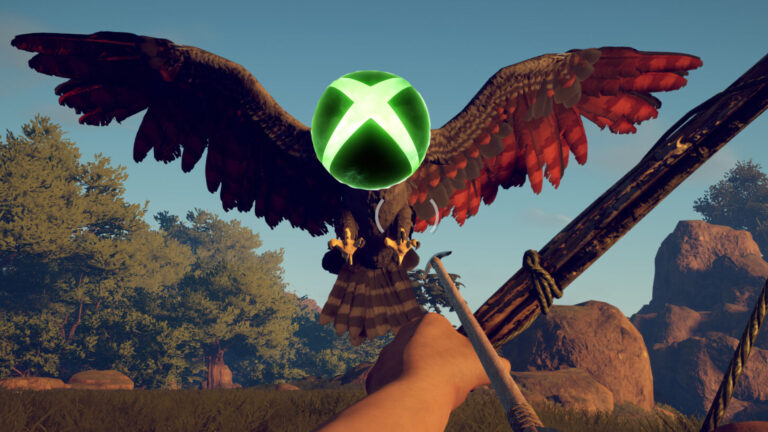 Ein Mensch zielt mit einem Bogen auf einen heranfliegenden Adler, der das Xbox-Logo auf dem Kopf trägt.