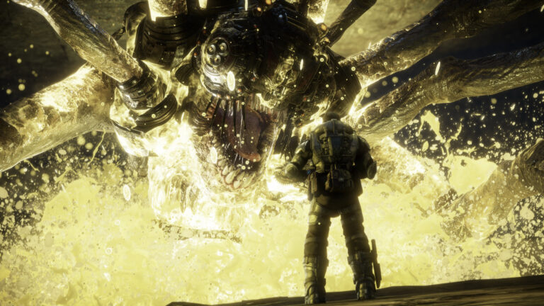 Ein Kämpfer steht vor einem riesigen aggressiven Monster.