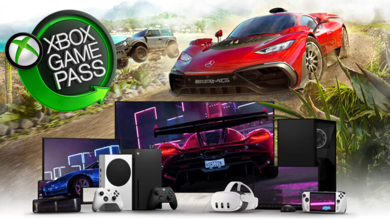 Verschiedene Geräte mit Displays, Spielekonsolen, Handhelds und eine VR-Brille. Im Hintergrund das Cover eines Autorennspiels mit einem roten Mercedes AMG und einem Geländewagen.