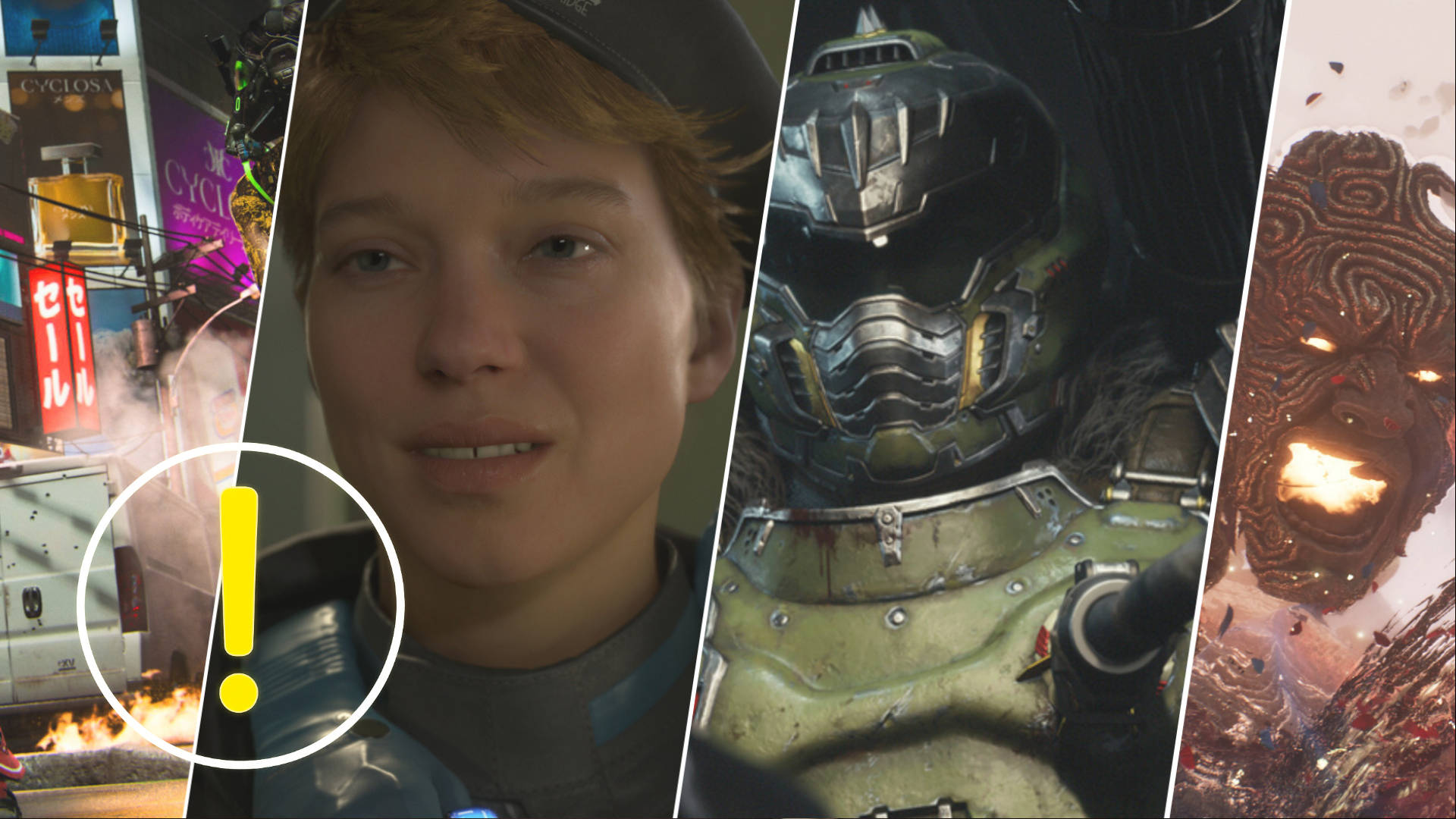 Four images showing different games. Including Death Stranding 2, Call of Duty, and Clair Obscur: Expedition 33.