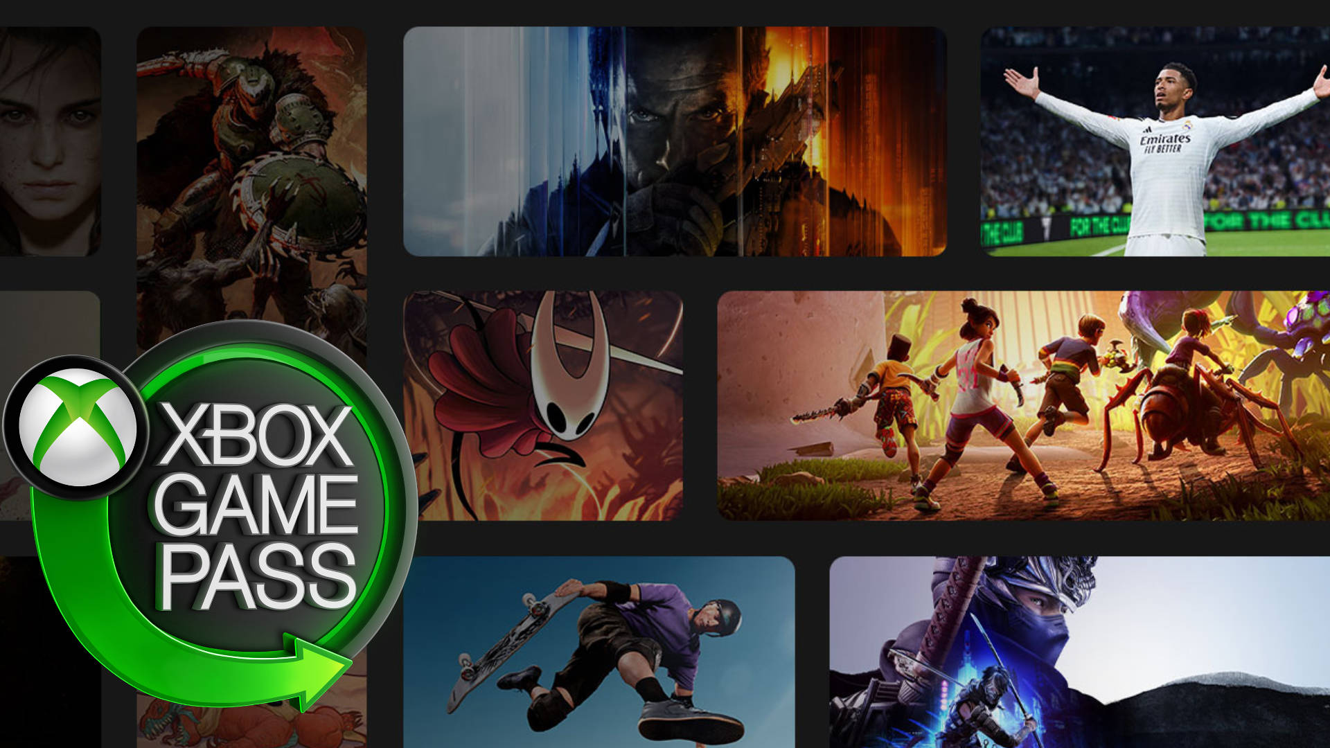 Xbox Game Pass Ultimate mit Logo und Spieleauswahl aus Action, Sport und Indie-Games – Abo-Service für Xbox und PC mit großer Spielebibliothek.