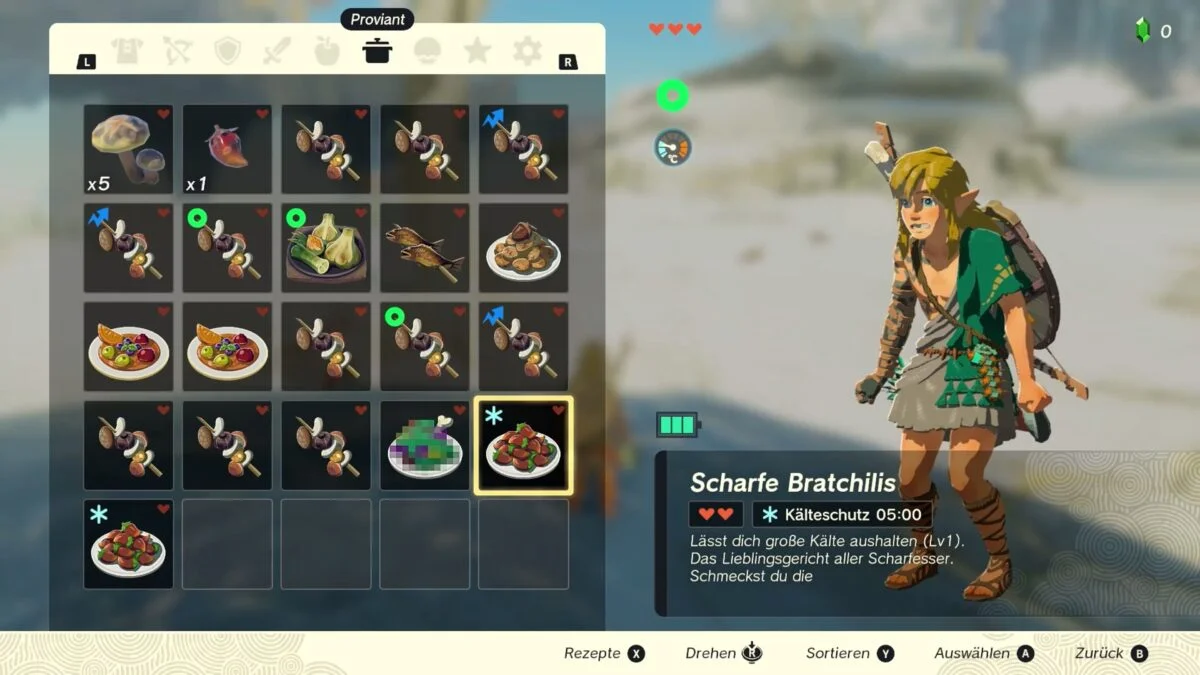 Link bibbert in Zelda: Tears of the Kingdom vor Kälte und benötigt Schutz.