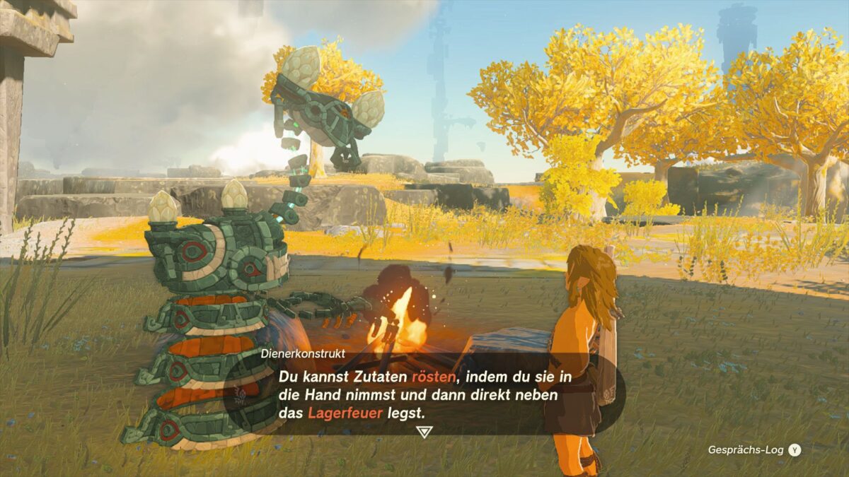 Link spricht in Zelda: Tears of the Kingdom auf der Verlassenen Himmelsinsel mit einem Dienerkonstrukt an einem Lagerfeuer.