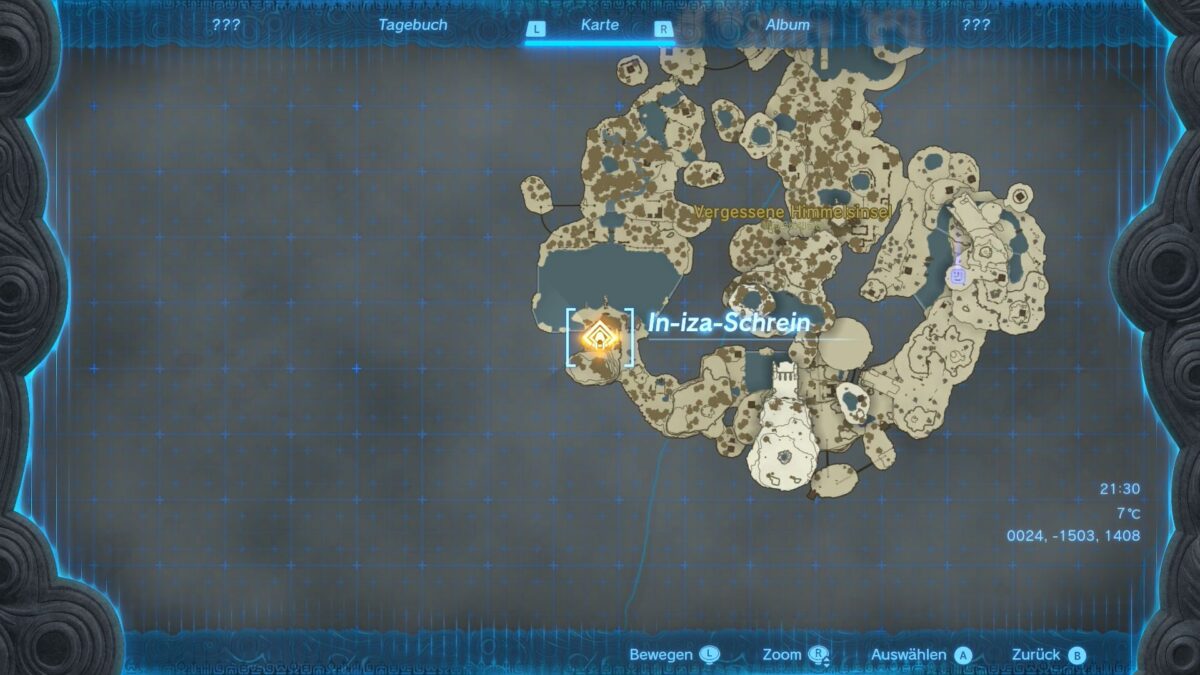 Der Standort des In-iza-Schreins auf der Karte von Zelda: Tears of the Kingdom. 