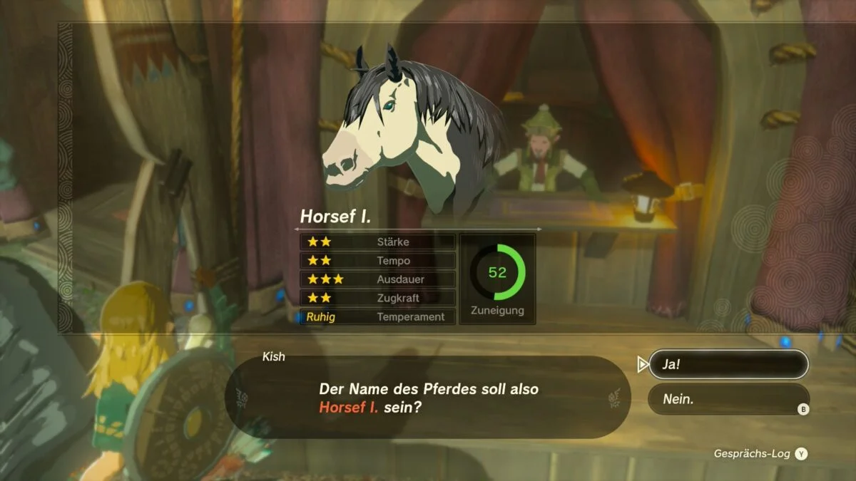 Die Attribute eines Pferdes werden in einem Stall in Zelda: Tears of the Kingdom angezeigt.
