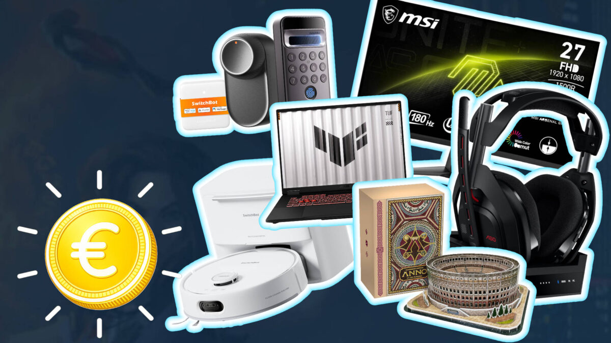 Amazon-Angebote: Gaming-Laptop, MSI-Monitor, Headset, SwitchBot-Smart-Home, Saugroboter und Anno-Sammlerbox im Deal – Euro-Symbol steht für Rabatte.
