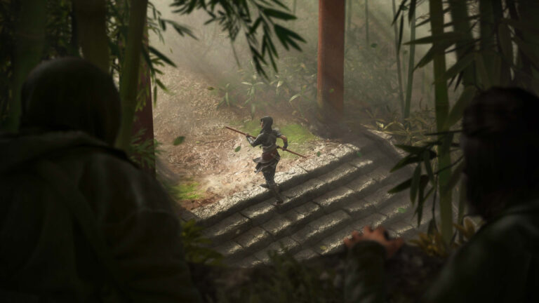Eine Shinobi läuft bewaffnet eine Treppe in einem Bambusdschungel hoch.