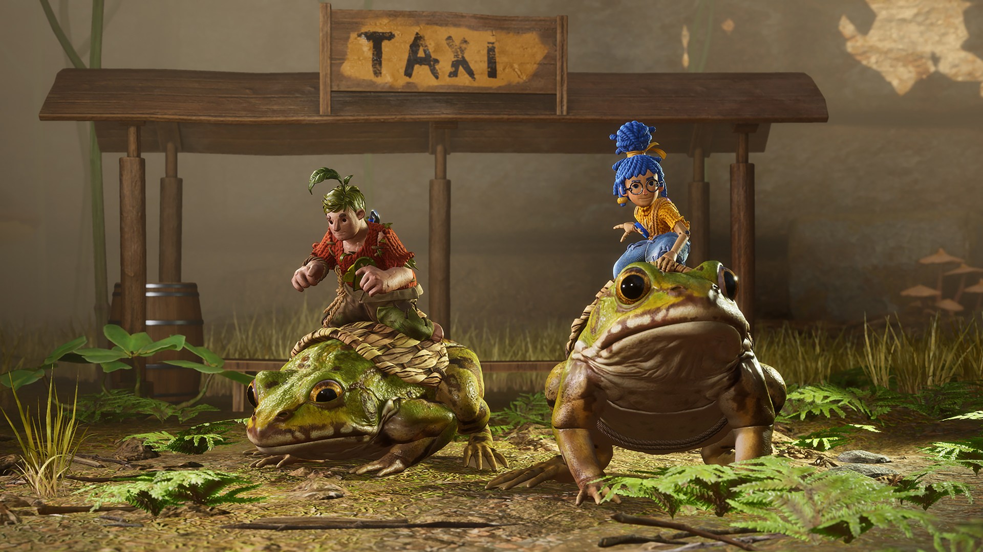 Two characters, Cody and May, riding frogs in a forest scene from It Takes Two video game by Hazelight Studios.