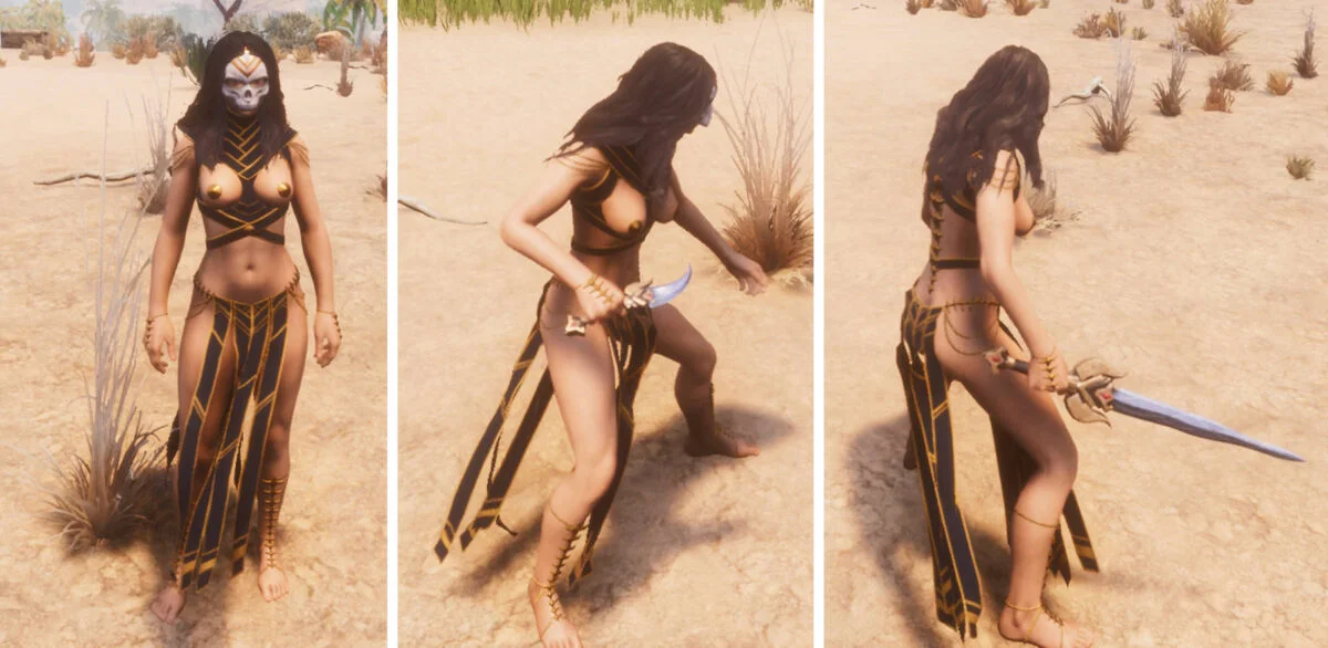 Conan Exiles Frau in der freizügigen Tracht der Derketo-Diener mit Dolch und Schwert