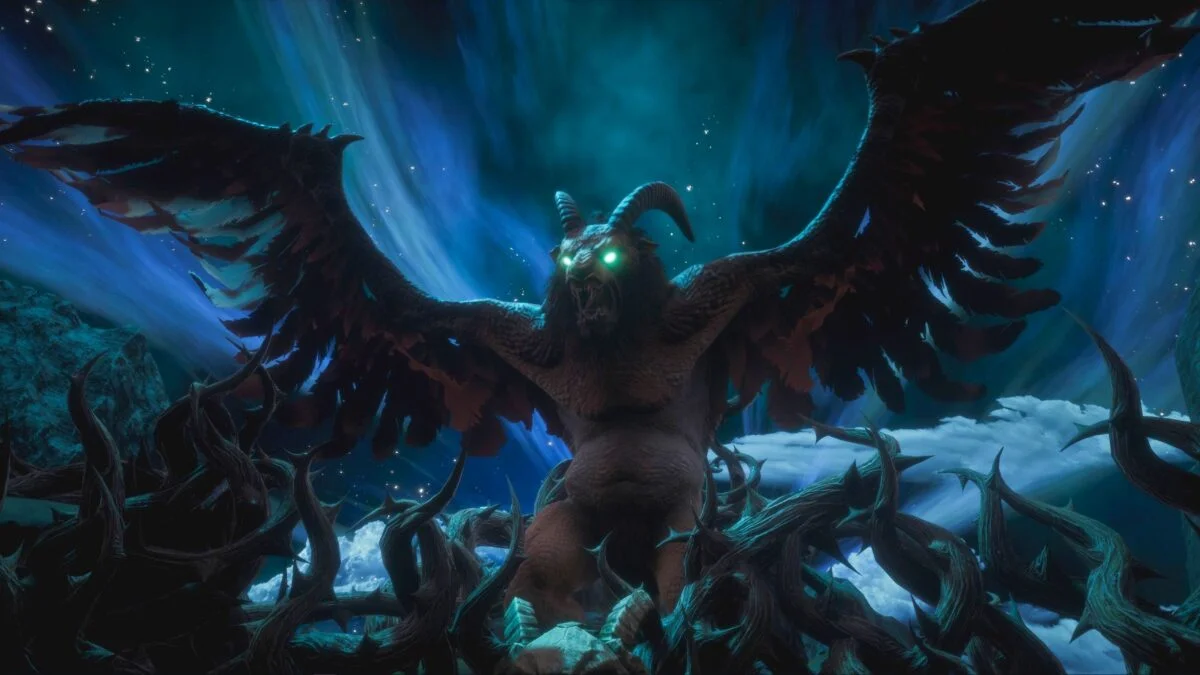 Conan Exiles riesiger gehörnter Vogel mit ausgebreiteten Schwingen über Dornengeflecht