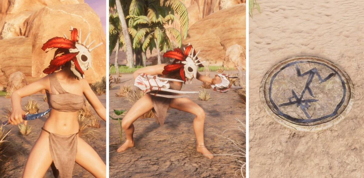 Conan Exiles Frau mit Feder-Schädelmaske, Dolch und Knochenklauen sowie ein runder Stein mit Runensymbol