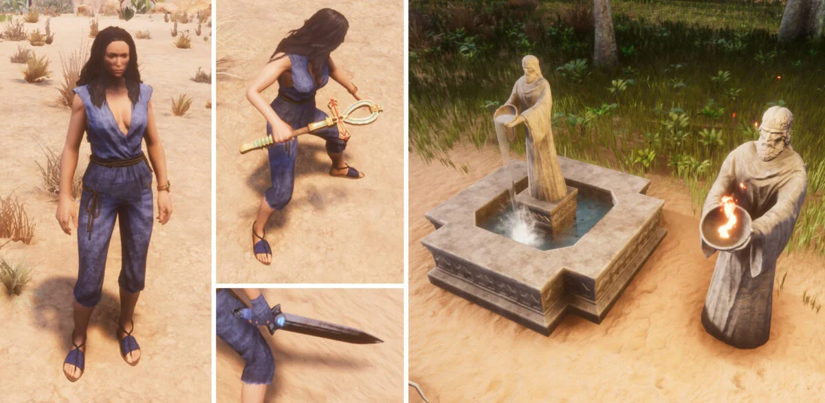 Conan Exiles Frau in blauer einfacher Kleidung, zwei Statuen, ein Schwert und ein Ankh als Waffe