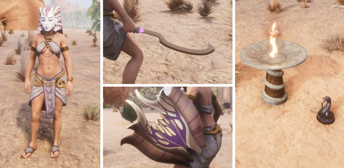 Conan Exiles Frau in Setpriesterkleidung, ein geschwungenes Schwert, ein Setiten-Schild, eine Feuerschale mit um Sockel gewundene Schlange und kleine Schlangenstatue